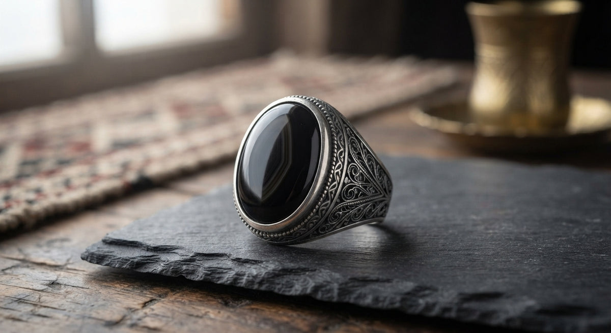Massiver 925 Silber Siegelring mit schwarzem Jemen Onyx Cabochon und floraler Arabesken-Gravur – ATELIER AS'SABR