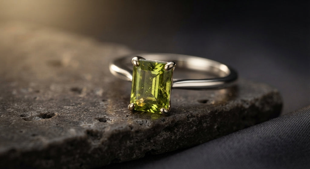 Natürlicher Peridot Solitärring im Smaragdschliff mit 18k Gelbgold-Veredelung auf Schieferstein – ATELIER AS'SABR