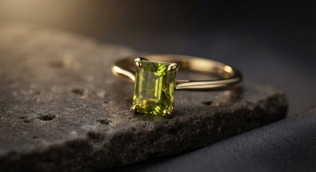 Natürlicher Peridot Solitärring im Smaragdschliff mit 18k Gelbgold-Veredelung auf Schieferstein – ATELIER AS'SABR