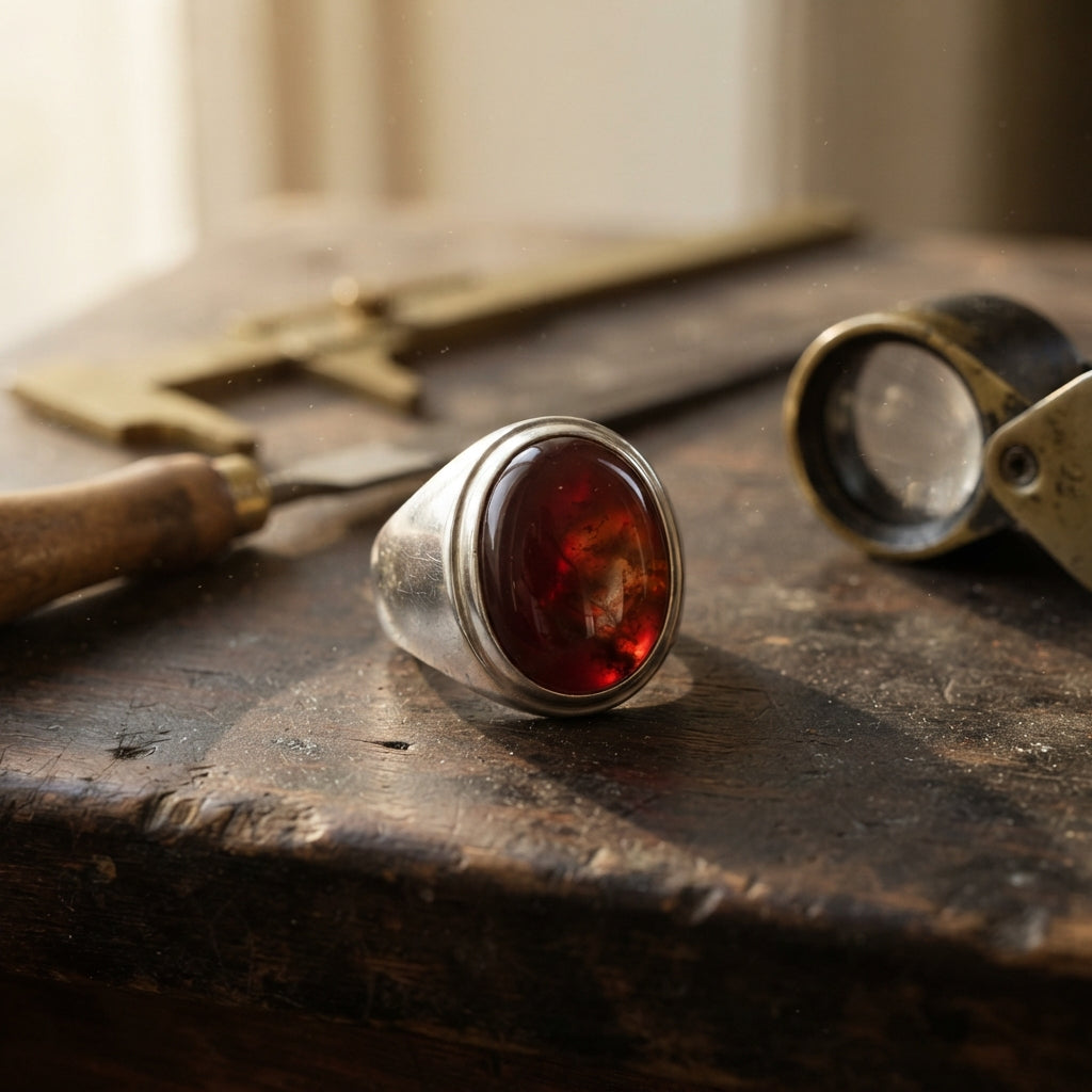Massiver 925 Silber Siegelring mit rotem Jemen Aqiq Karneol Cabochon und kunstvoller Filigran-Gravur – ATELIER AS'SABR