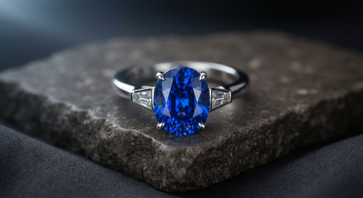 Eleganter königsblauer Saphir Trilogie Ring mit Baguette-Flanken aus rhodiniertem 925 Silber. Handgefasstes Unikat mit versichertem Versand aus der Schweiz.
