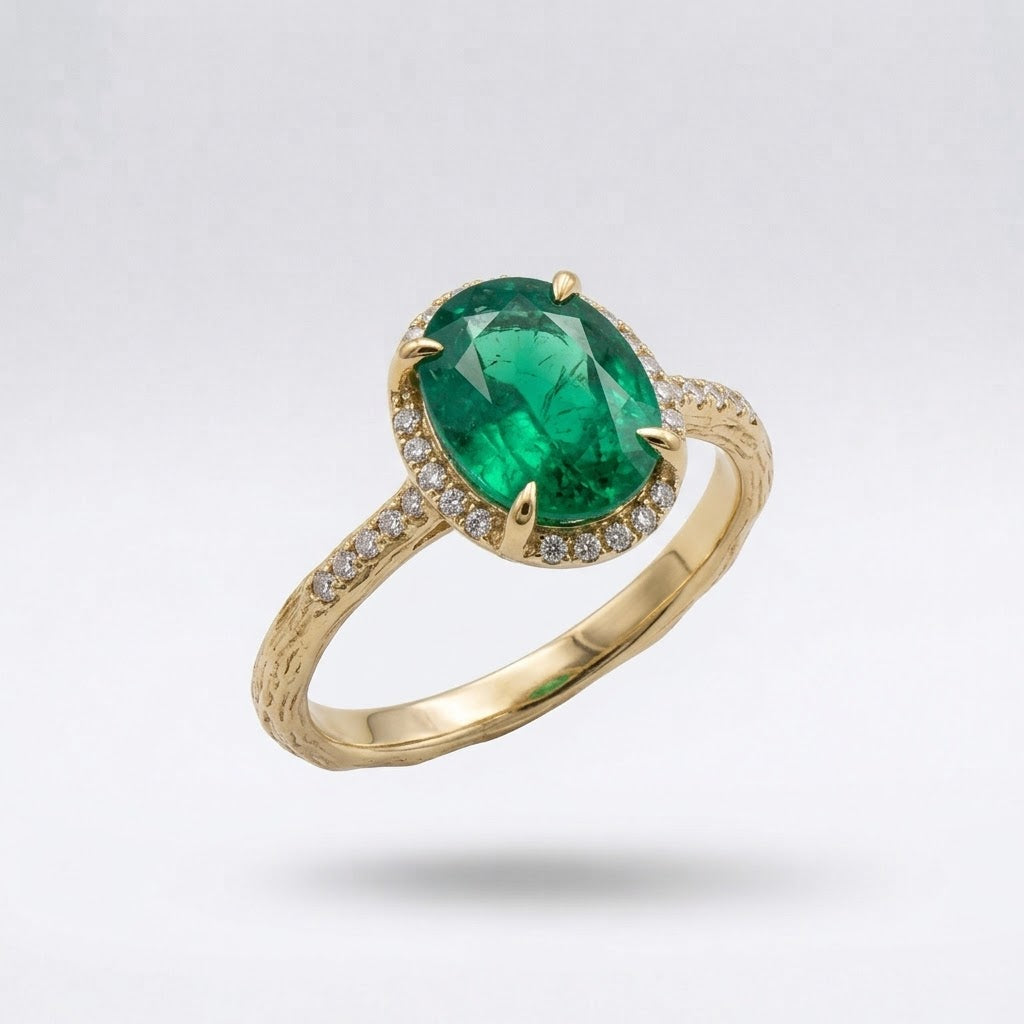 Smaragd Solitär Ring «Jardin Vert» mit Pavé aus massivem, rhodiniertem 925 Feinsilber, schwebend in 3/4-Ansicht mit einem üppigen, ovalen grünen Smaragd und reichlich verzierten Schultern auf hellem Studio-Hintergrund.